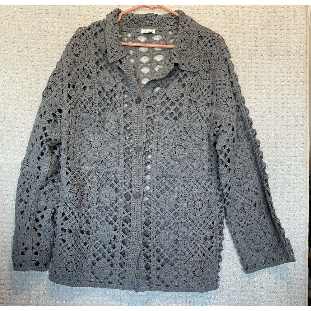P O L POL Crocheted Cardigan Sweater Shacket Slate Blue L BOHO Artsy 70's Hippie